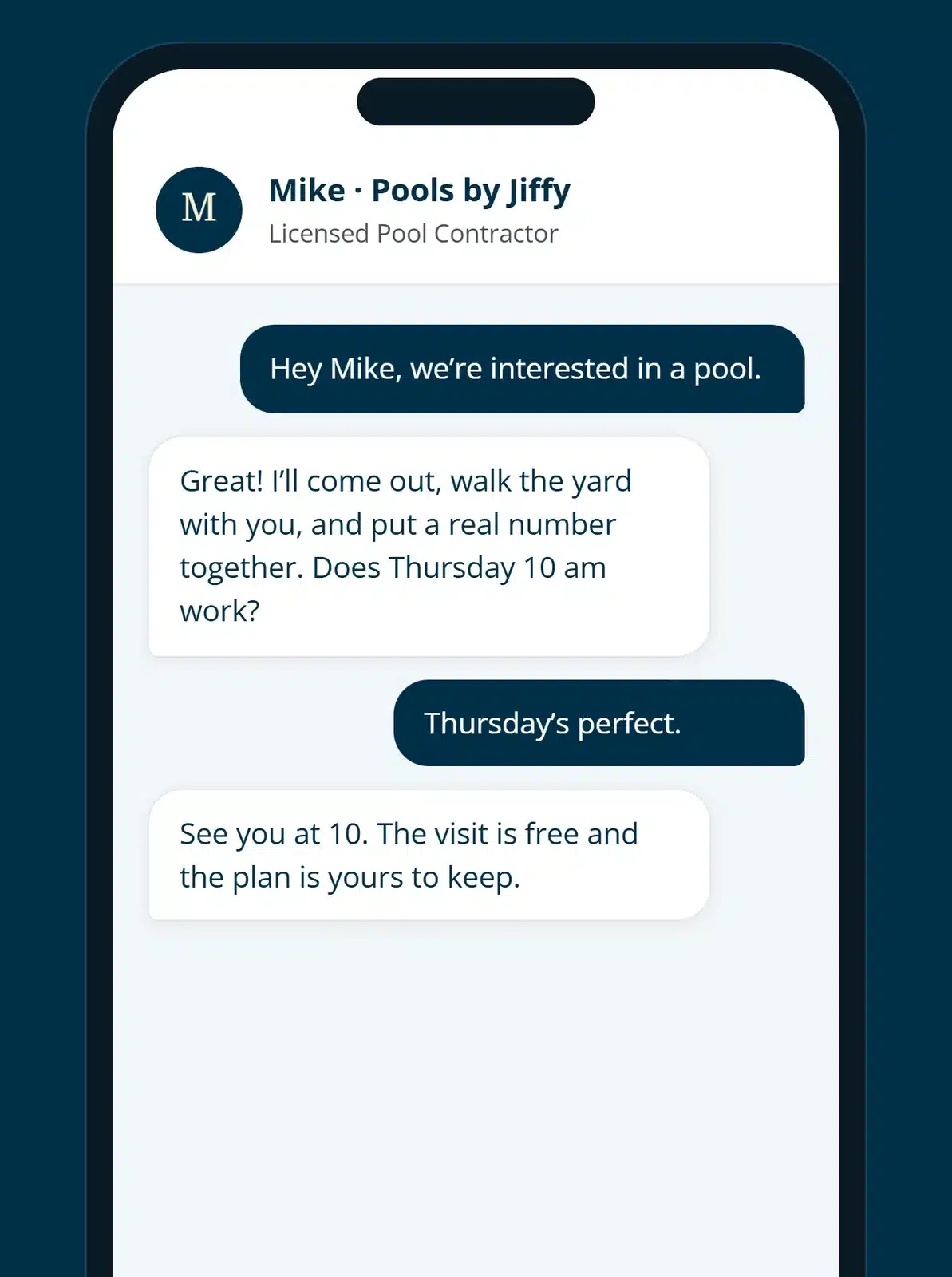 A smartphone displays a text conversation about scheduling a free pool consultation for Thursday at 10 am with a licensed pool contractor named Mike from Pools by Jiffy.