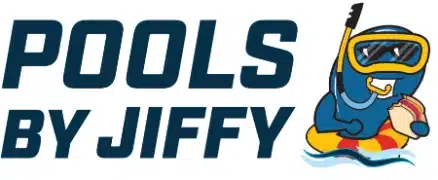 Logo with text POOLS BY JIFFY and a cartoon blue character in snorkeling gear holding a hot dog, sitting on an inflatable pool ring in the water.