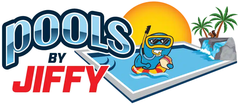 Cartoon mascot in snorkeling gear sits on a pool float, eating a sandwich, with Pools by Jiffy text. Pool has a waterfall, palm trees, and a sun in the background.
